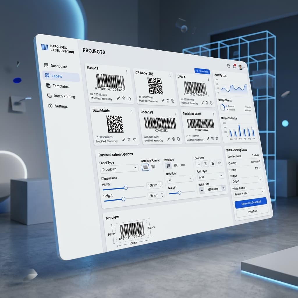 Barcode and label printing interface with customizable label sizes and batch printing