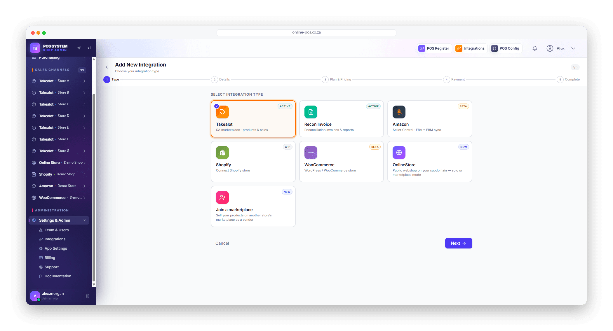 Adding a sales channel in Online POS: the integration picker offering Takealot, Shopify, Amazon, WooCommerce, a built-in online store and vendor marketplace, each with a live status badge, beside a sidebar already running eleven connected channels.