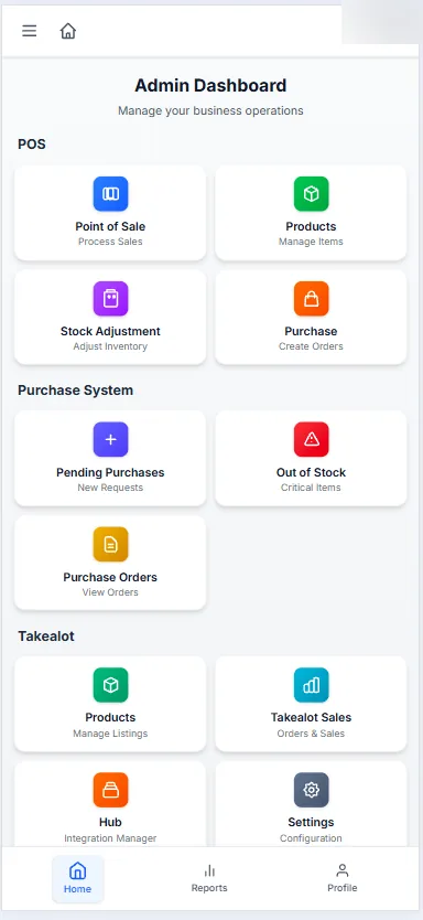 Online POS mobile dashboard showing sales data and navigation on a phone screen
