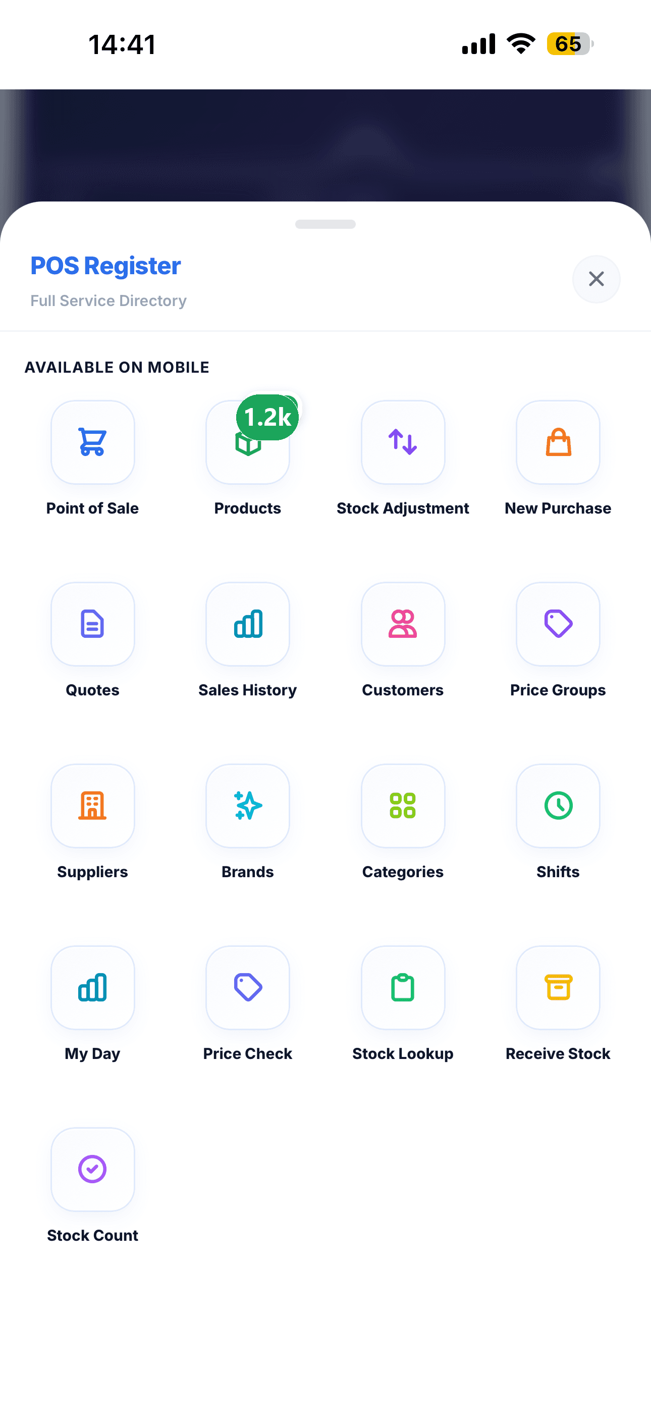 The full service directory in a phone browser, listing point of sale, products, stock adjustment, new purchase, quotes, sales history, customers, price groups, suppliers, brands, categories, shifts, price check, stock lookup, receive stock and stock count.