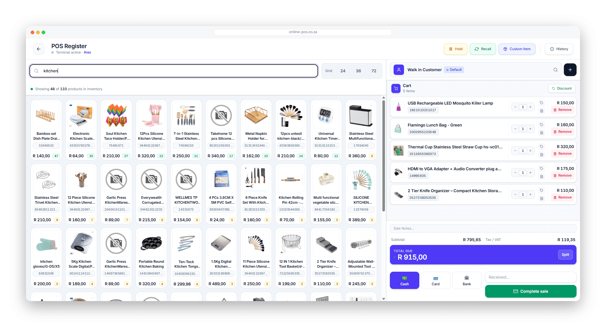 The Online POS register: a product grid searched for "kitchen" showing barcodes, prices and live stock counts, a five-item cart totalling R915.00 with subtotal and VAT, and cash, card, bank and split payment buttons.