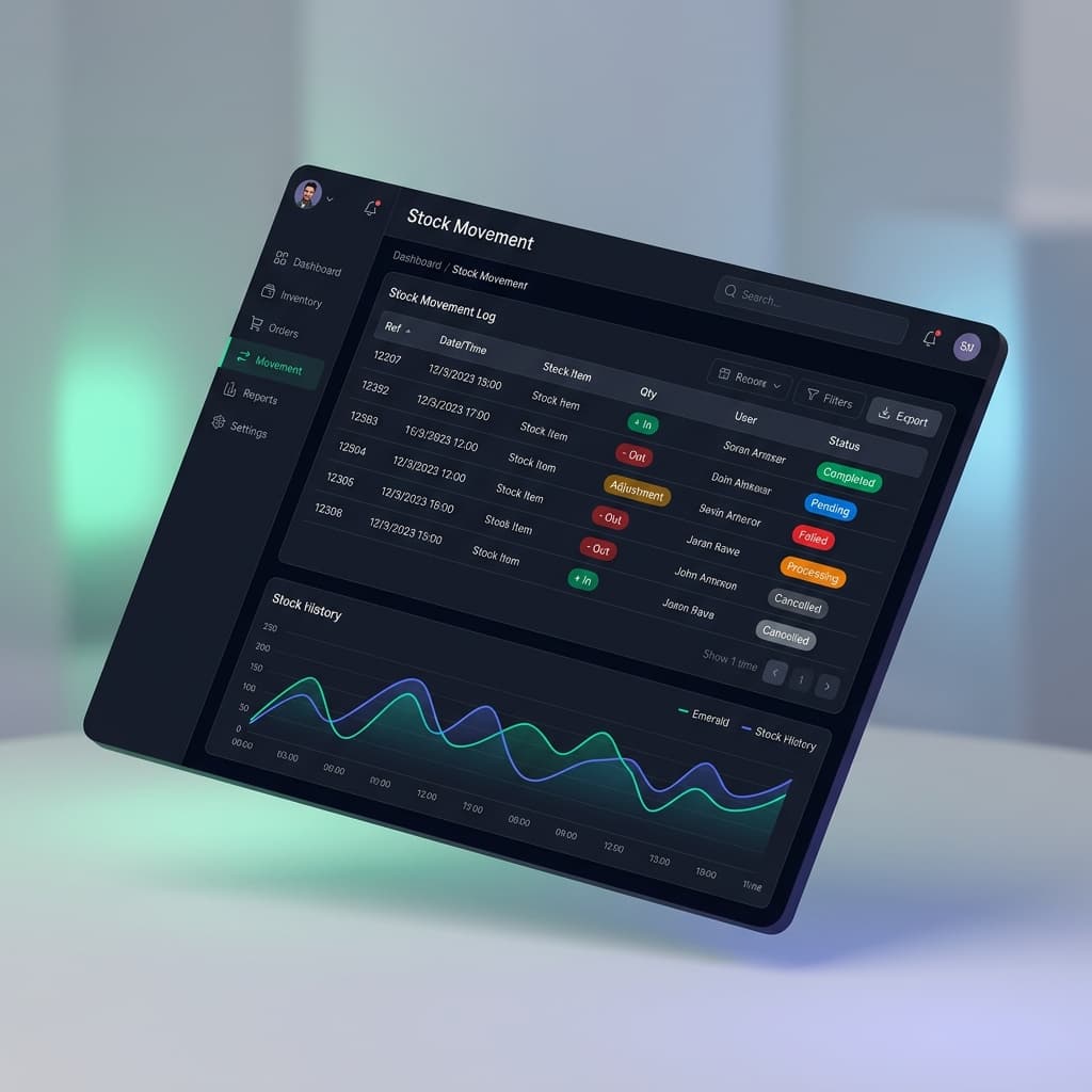 Stock movement history showing incoming and outgoing inventory changes with dates and reasons