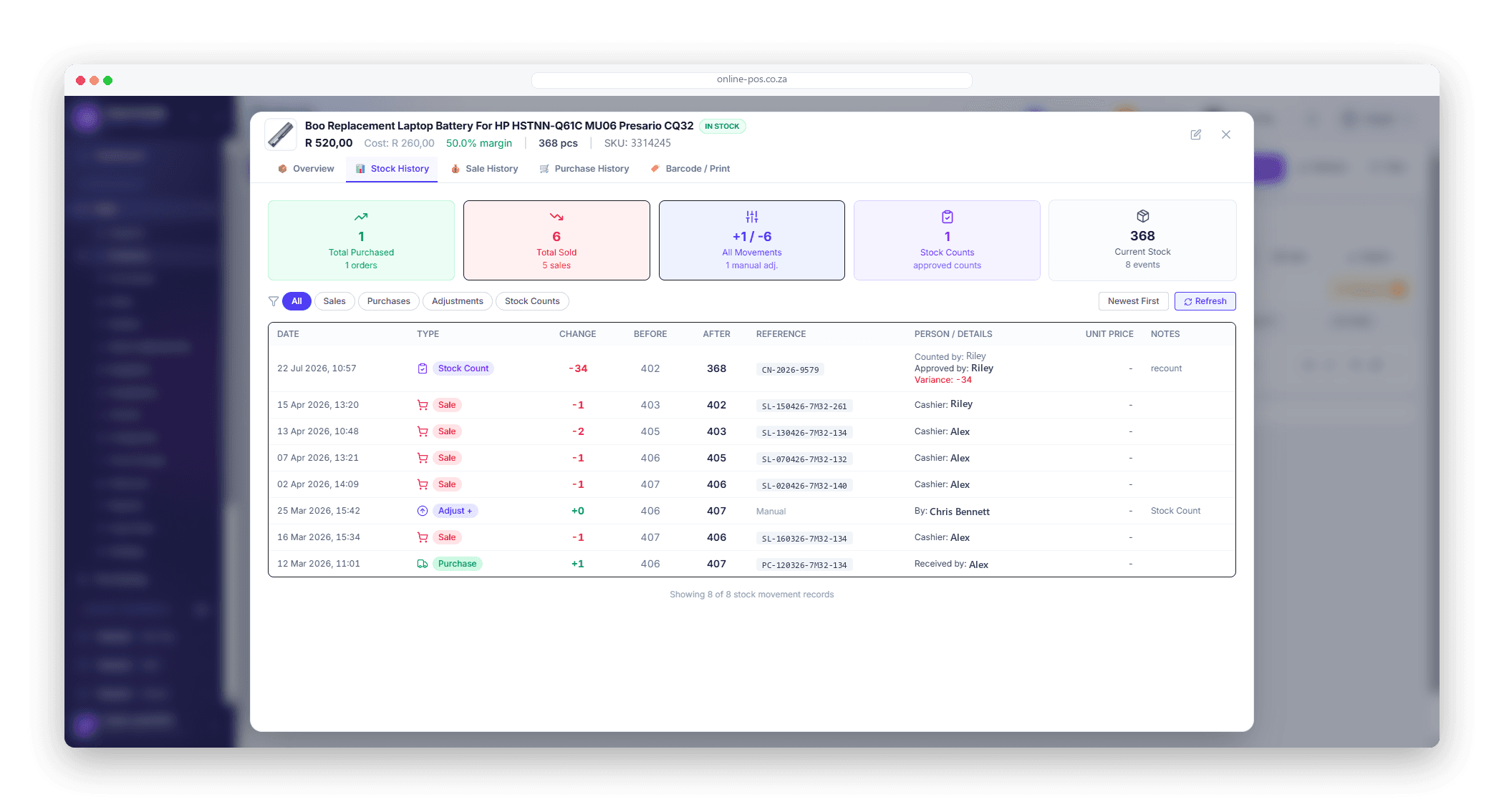 Stock movement history for a single product in Online POS: every sale, adjustment, count and delivery listed with its date, reference, quantity before and after, and the staff member responsible.