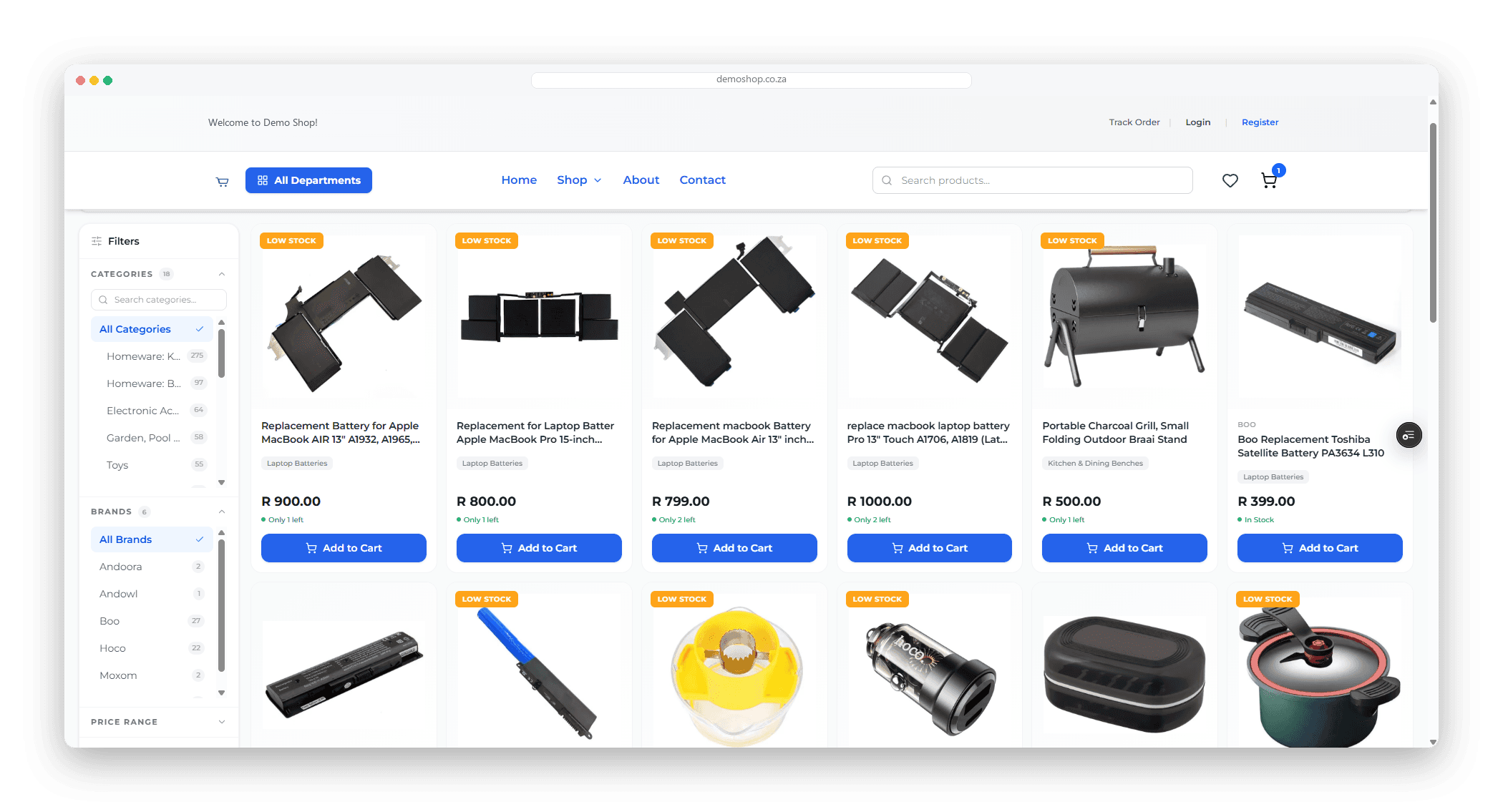 A live storefront built on Online POS, as a shopper sees it: a filter rail with categories, brands and price range beside a product grid showing photos, prices, low-stock badges, live stock counts and Add to Cart buttons.